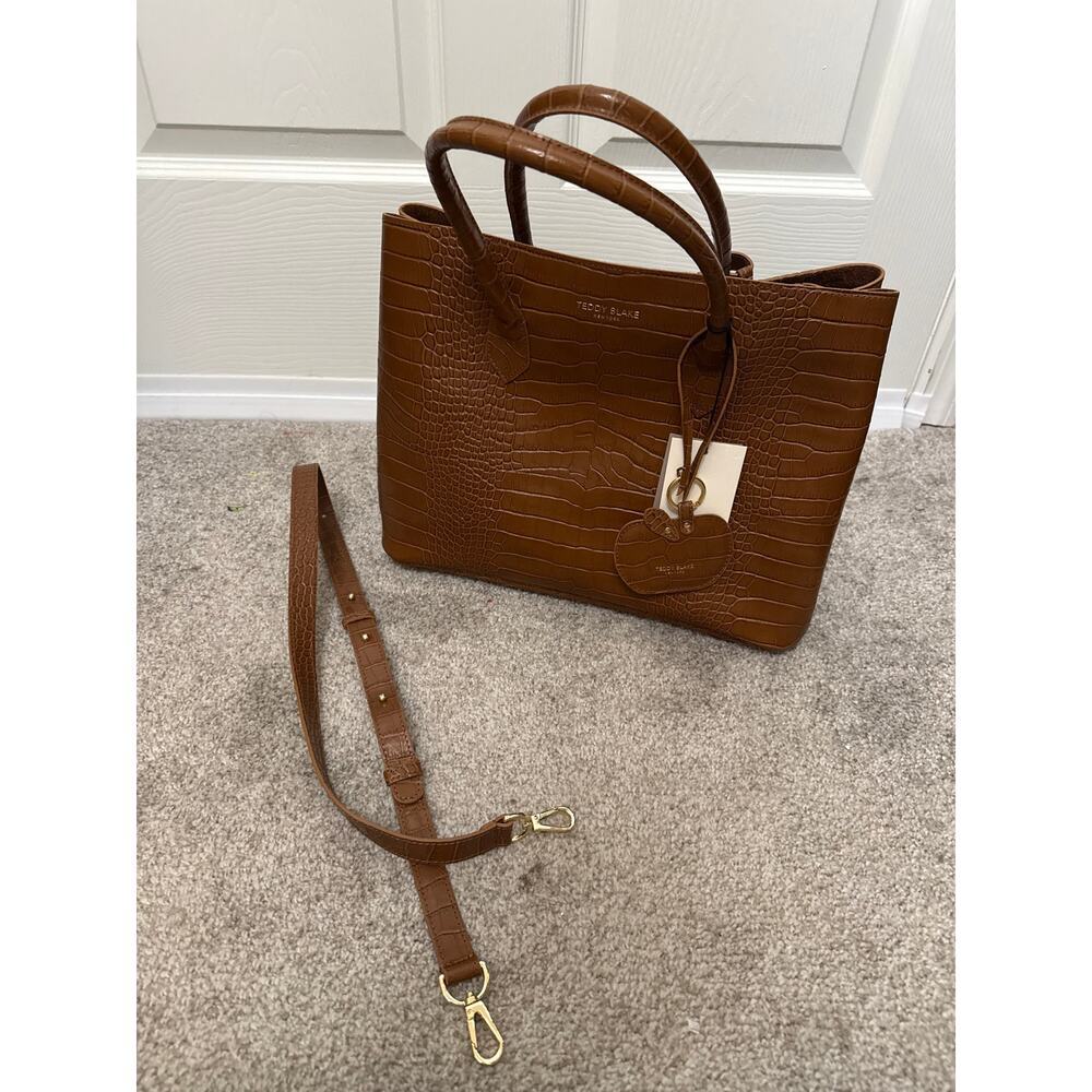 NWT Teddy Blake Vanessa Croco Embossed Italian Leather Tote Bag Cognac Brown - Picture 7 of 9